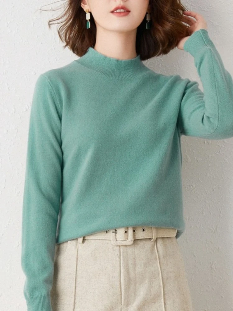 Nuovo maglione da donna autunno inverno moda coreana camicie con fondo caldo collo mezzo alto maglieria top a maniche lunghe solidi pullover