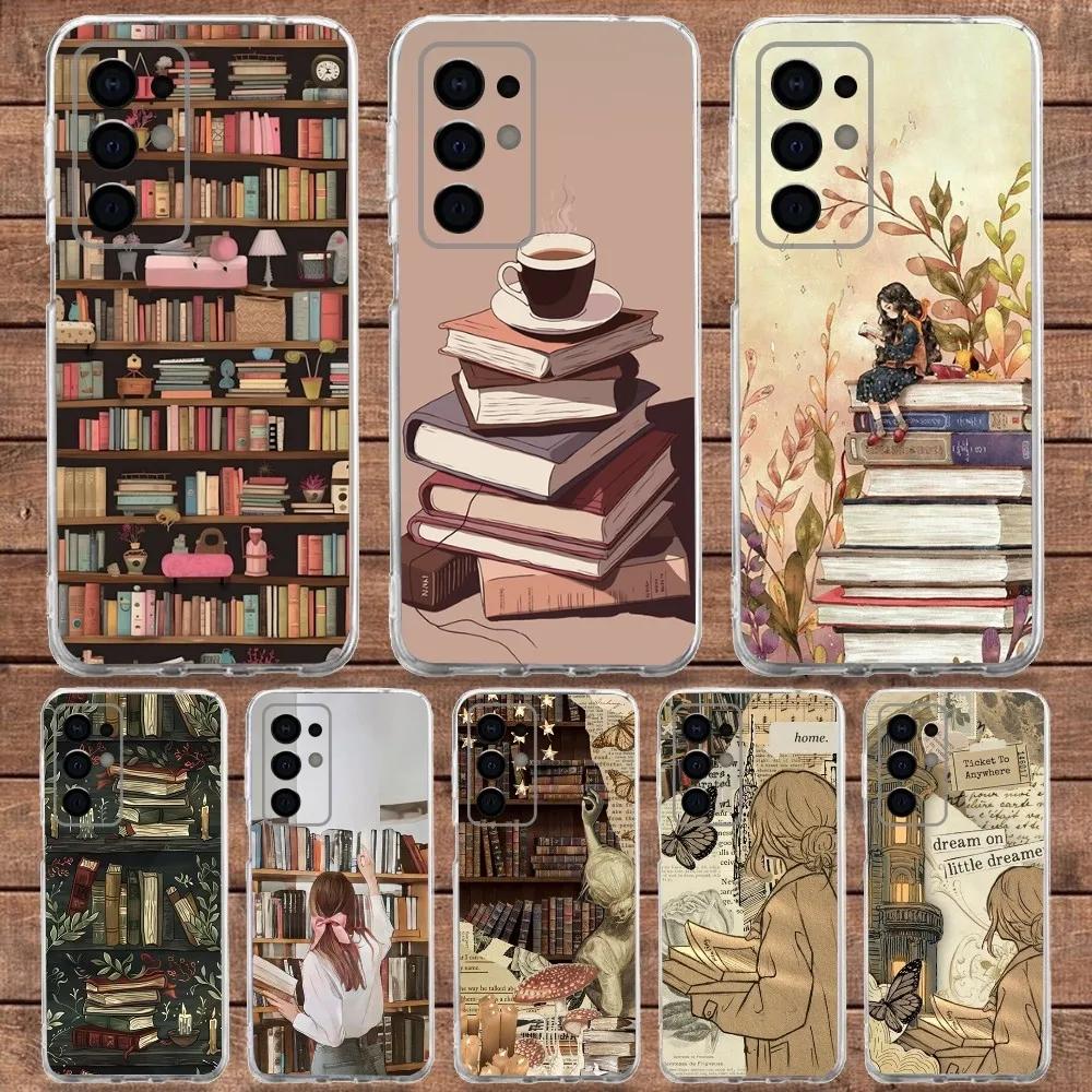 

Reading Bookshelf Girl Phone Case For Samsung S30,S23,S21,S22,S20 Ultra,S20 FE lite,S10,S9,S8PIus Transparent Soft Cover