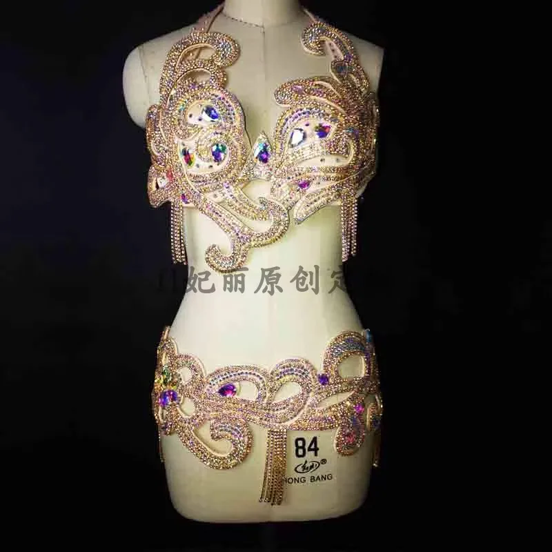 ที่กําหนดเอง Belly Dance เครื่องแต่งกายชุด Bra Hollow เอวเพชร Super Flash Pure Big Swing ชุดกระโปรง