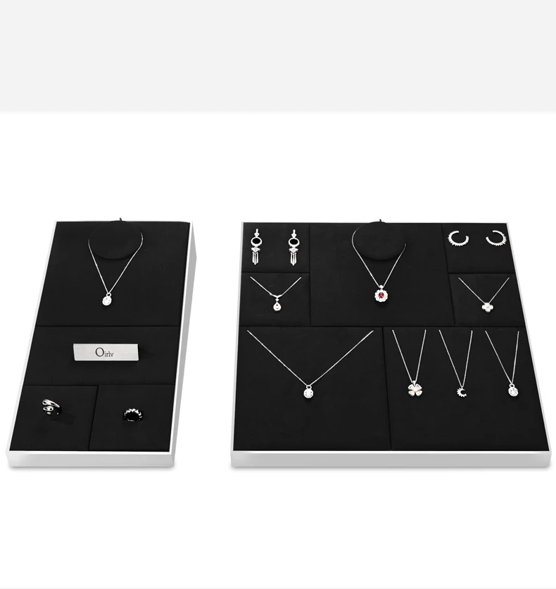 Oirlv Schwarzes Schmuck-Display-Set aus Mikrofaser für Halsketten, Ringe und Ohrringe, Kombinierbare Metall-Schmuck-Display-Tabletts für Geschäfte – Detail 6