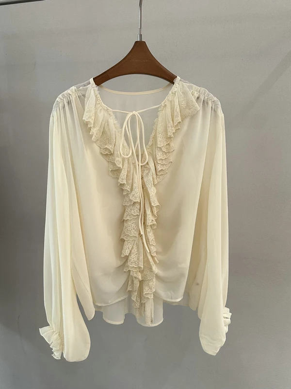 

Elegant Lace Trim Blouse And Crop Top Set Women's Spring 2026 Gentle Style Breathable Long Sleeve round Neck Gown with Sashes