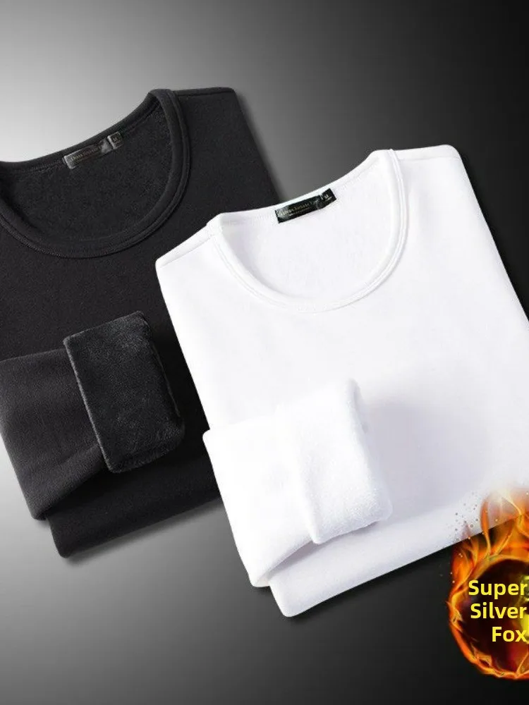 

Men's Long Sve T-irt Fce Lined Thiened Base Layer round Ne Warm Underwear Pure White Top for Autumn Winter