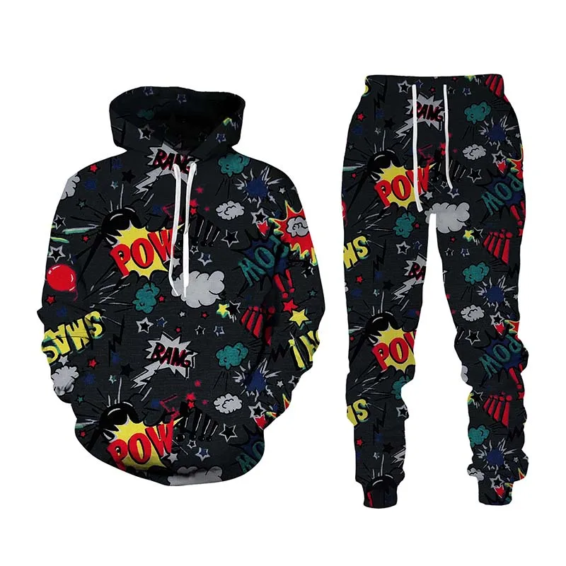 New Hip Hop Graffiti 3D Cartoon Printed Hoodie + Pants Suit Cool Men/Women 2 Pcs Sportwear Tracksuit Set Spring Autumn Men's Clo