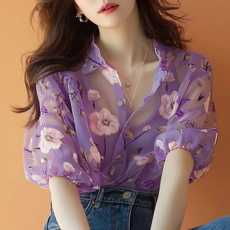 

2024 New Summer Chic Thin Short Sleeve Sunscreen Clothing Blouse Women's Printed Polo Collar Folds Breathable Gauze Button Shirt