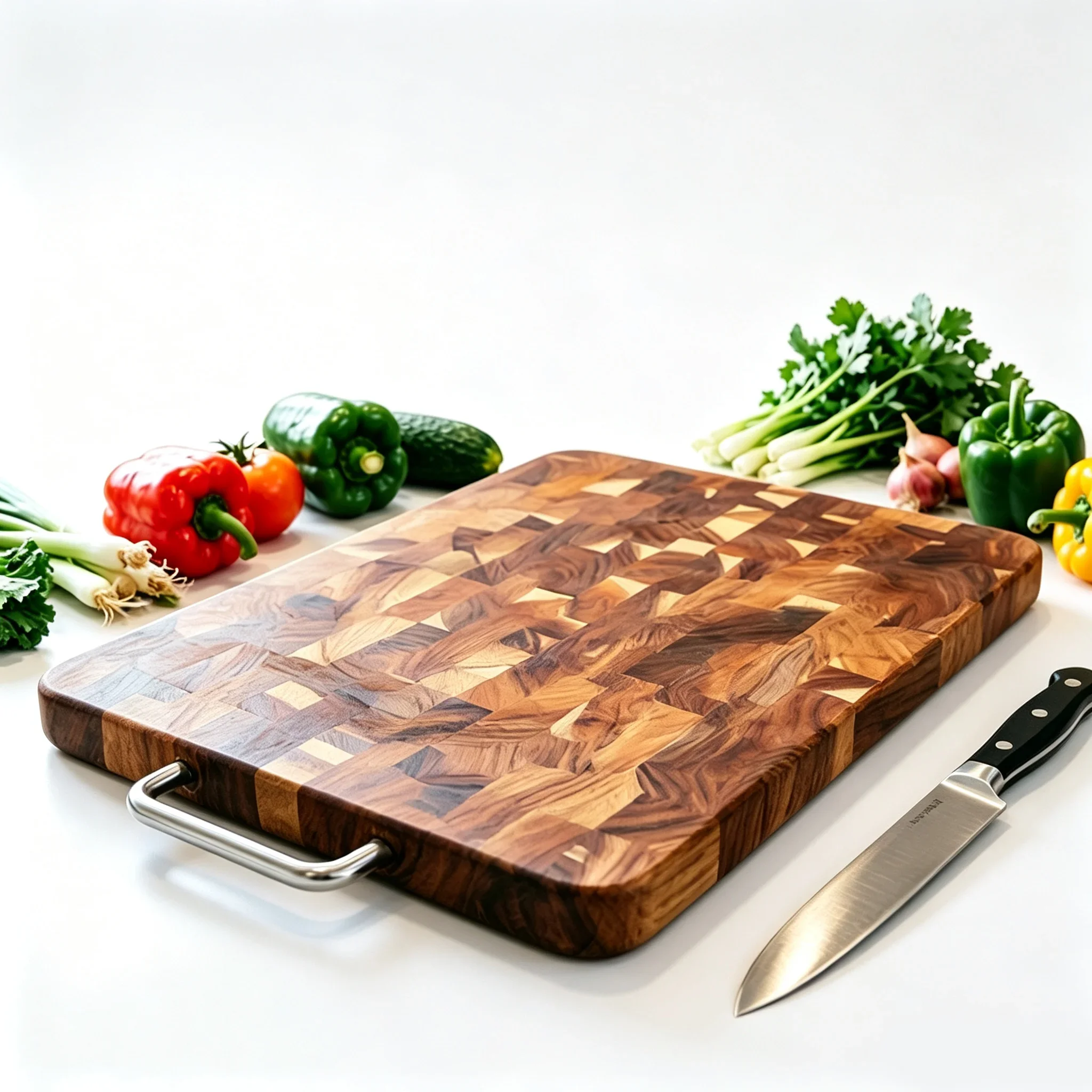 Acacia Wood Cutting Board, Checkerboard End Grain Butcher Block, Thick Reversible Wooden Chopping Board with Metal Handle