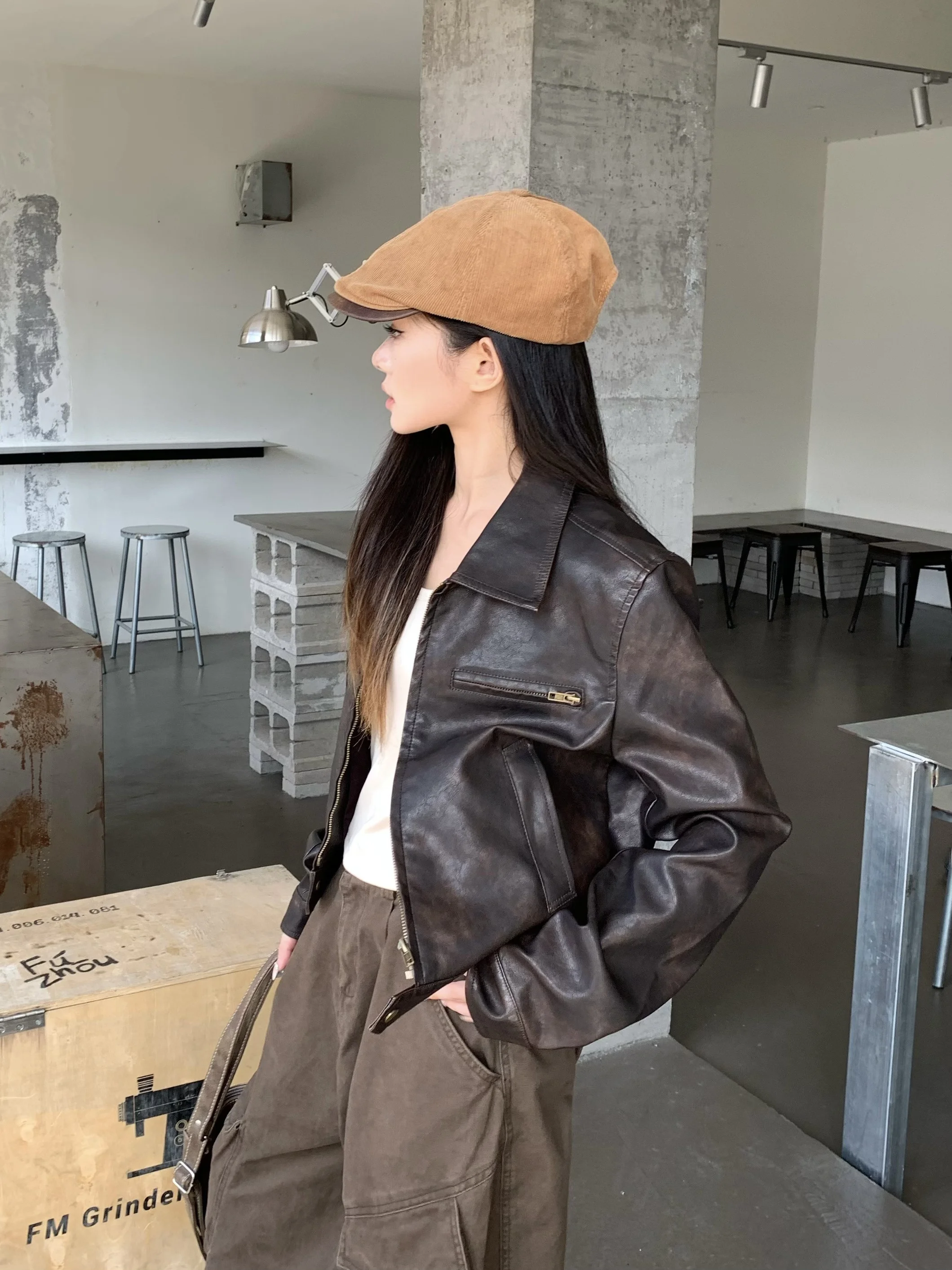 Retro Amerikanische PU-Lederjacke für Damen, Herbst-Winter Casual Vielseitiges Design, Umlegekragen mit Reißverschluss