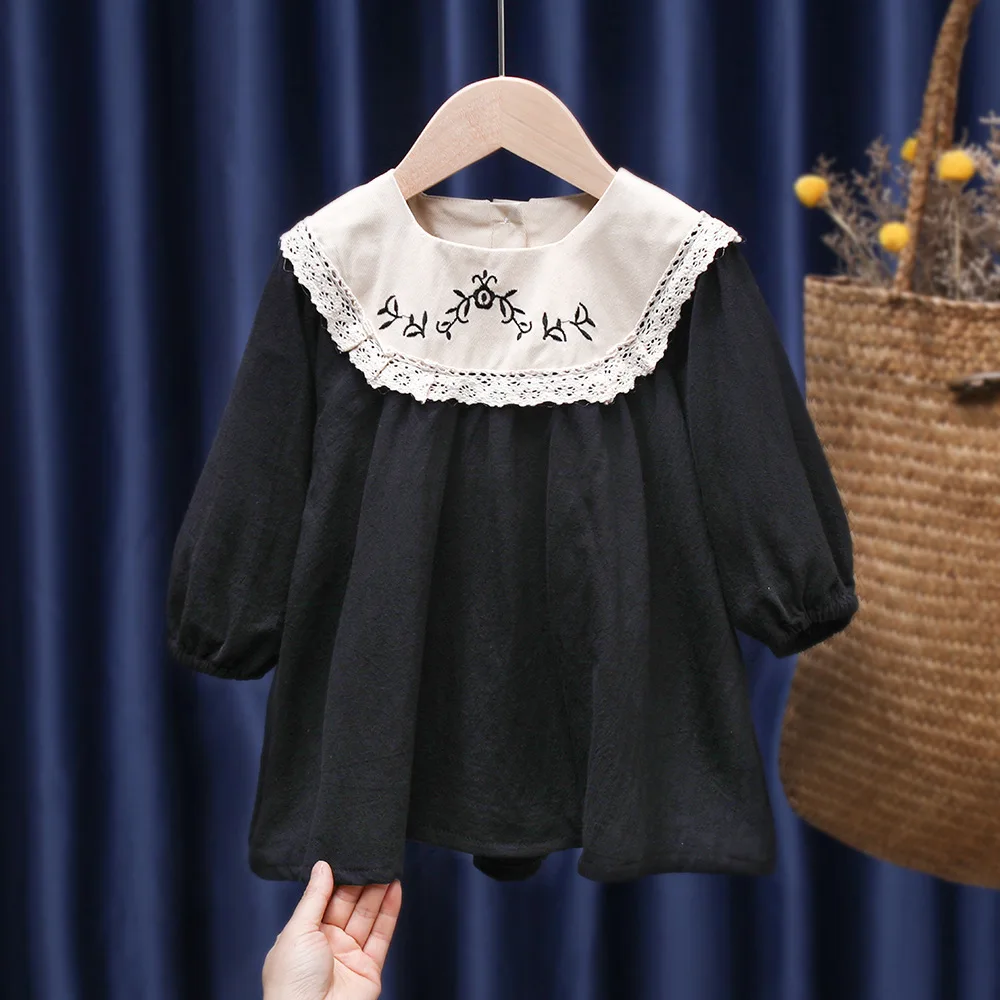 2024 Autumn and Winter New Korean Children\'s Clothing Lace Lace Collar Dress Children\'s Long-sleeved Princess Dress