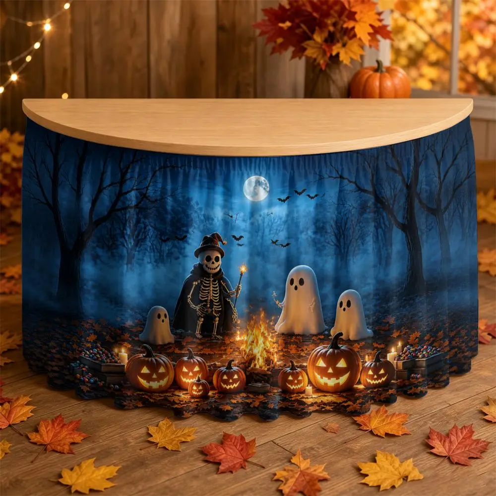 One Halloween tablecloth set, featuring a scene of skulls, ghosts and pumpkins, with quick installation of the tablecloth.zyc