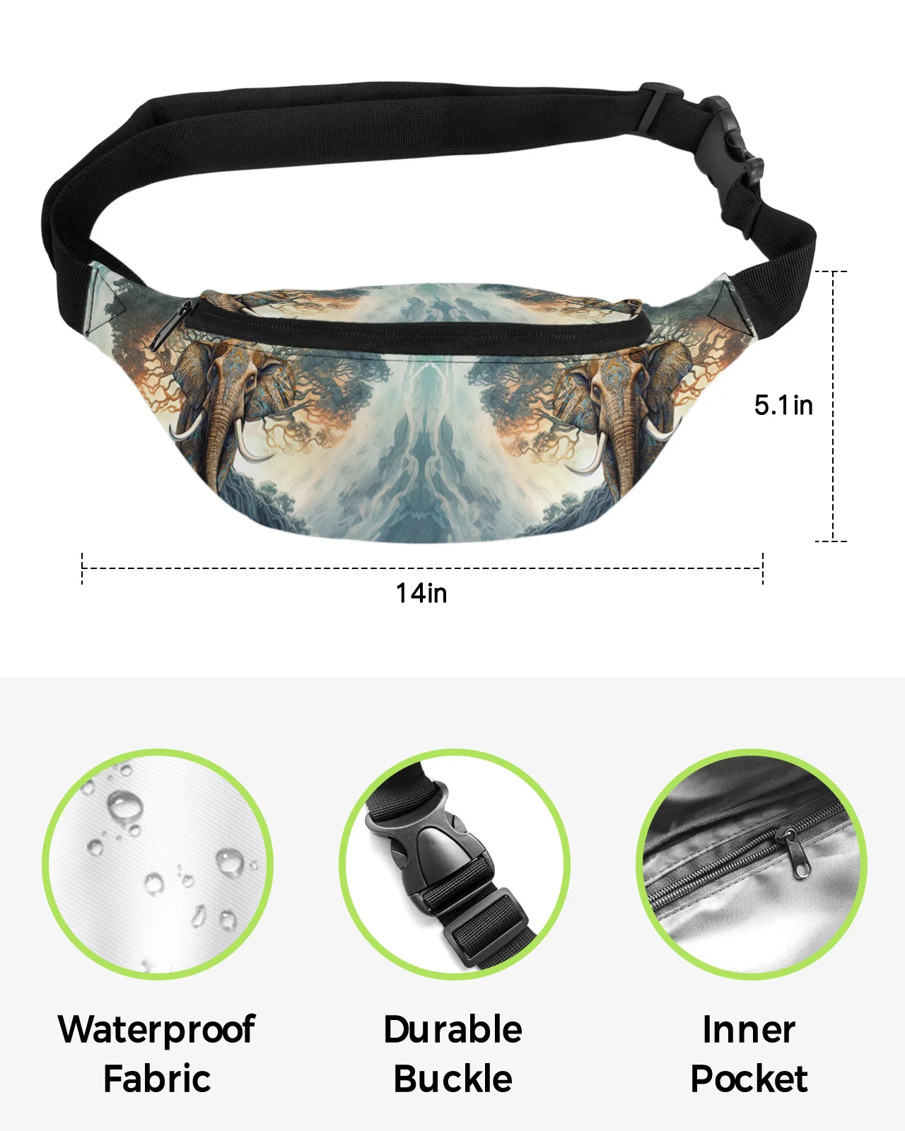 Elephant Bohemia Tree Waist Packs for Women Waterproof Outdoor Sports Waist Bag Unisex Crossbody Shoulder Bag