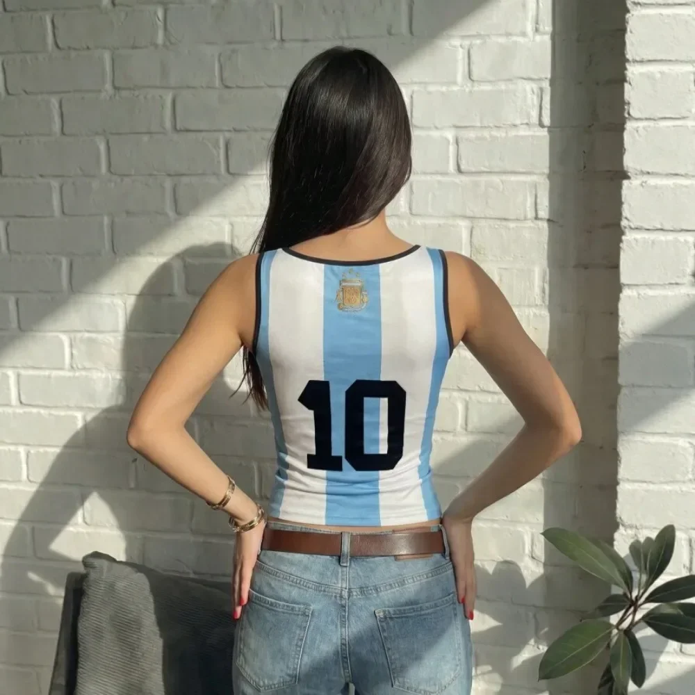 Light Blue Striped Plaid Argentina Flag Print Crop Top Women Summer New Hot Style Short Vest