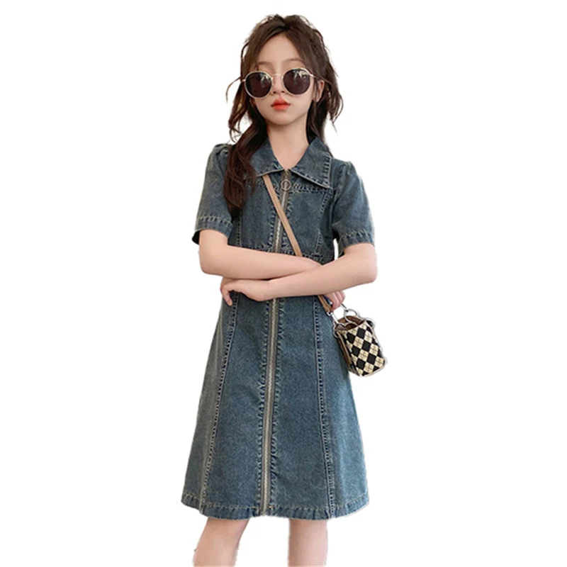 Elegant Fashion Children Front Zipper Denim Dress for Teenage Girls Csual Street Wear Outfit Kids Turn Down Collar Jeans Dress