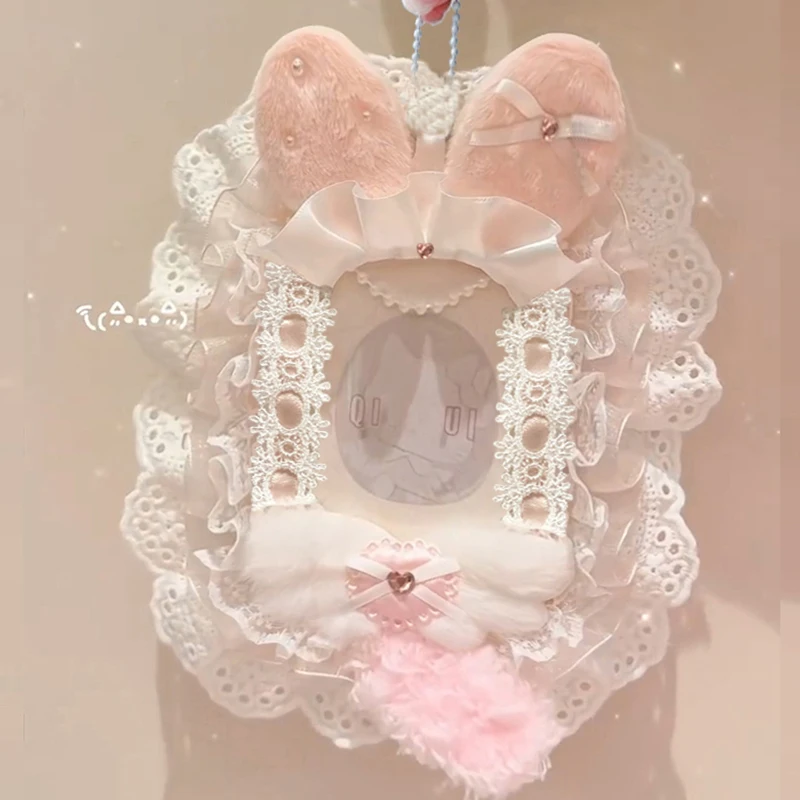 Handmade Bunny Ear Plush Lace Satin Ruffle PVC Photocard Holder 3 Inch KPOP Polaroid Anime Cute Lolita Card Protector image 4