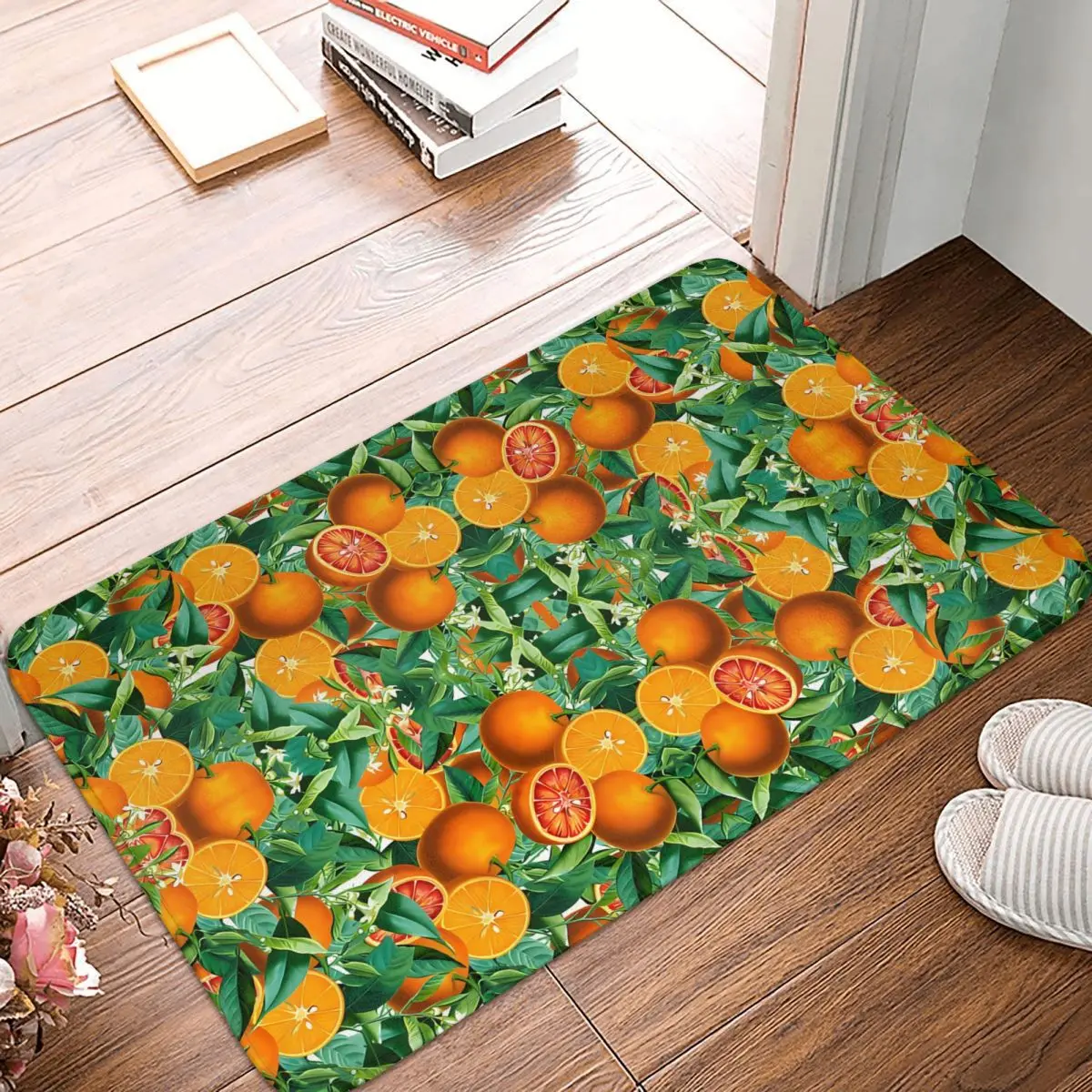 MORROCAN ART Anti-Slip Doormat Bath Mat ORANGE TREE PATTERN TROPICAL FRUIT AND FLORAL MOTIF Floor Carpet Entrance Door Rug