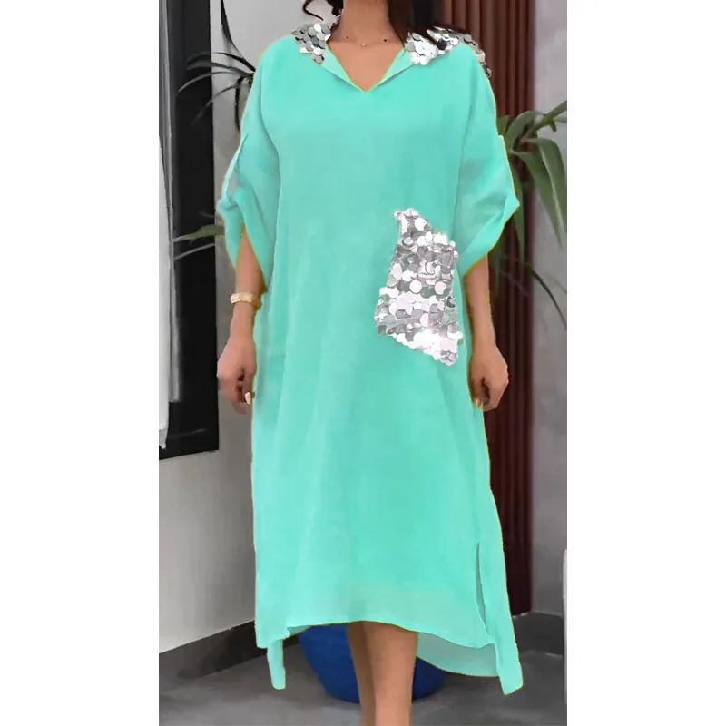 New Saudi style loose large size women\'s dress sequin cotton linen fish scale sequin hooded long skirt spring and autumn dress 0