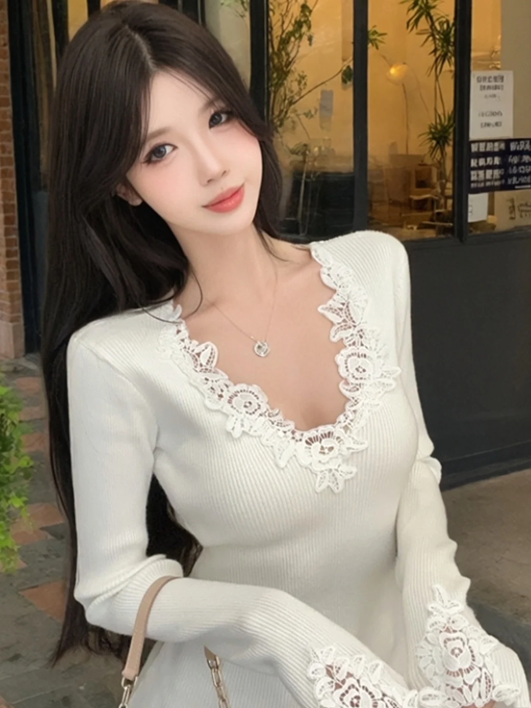 

Lace Hollow out Ruffle Knitted Sweater Women's Winter New Style Lady Fashion Slimming Match All Korean Style Mid-Waist V-Neck...