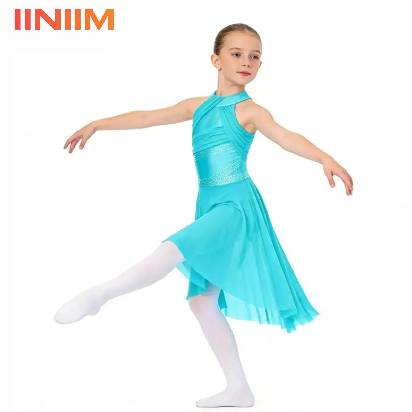 

Kids Girls Gymnastics Ballet Leotards Artistic Skating Lyrical Dance Costume Shiny Rhinestone Modern Contemporary Dance Dress