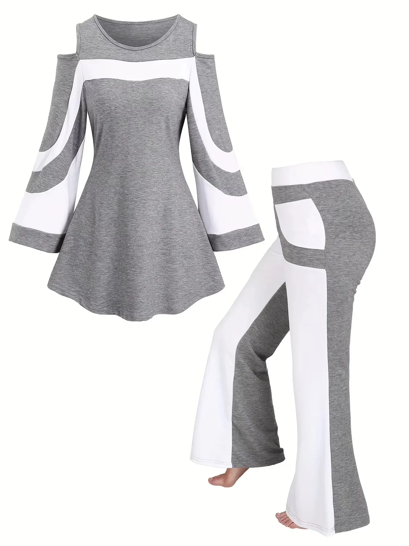 

Женский комплект в европейско-американском стиле: двухцветный топ с открытыми плечами и длинными рукавами, а также расклешенные брюки для повседневной носки