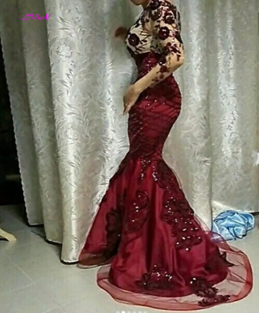 Vestido de noche de sirena de encaje Floral con lentejuelas Burdeos con tren desmontable, mangas completas modestas, vestidos de graduación,