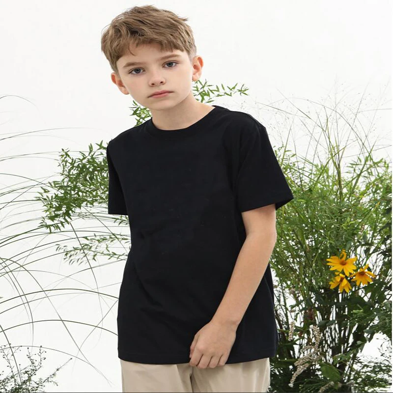 Ropa de algodón de calidad para niños, de color sólido Camiseta clásica, negro, blanco y gris, Tops de moda para niños y niñas