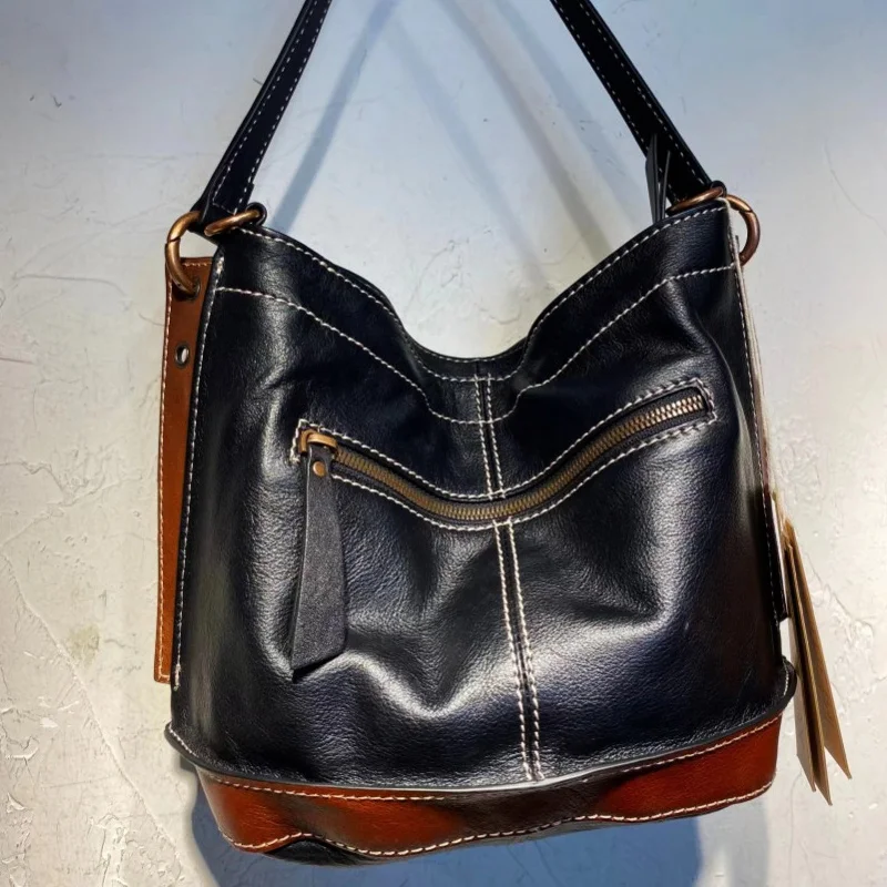 High quality women's bag new simple solid color first layer leather multifunctional small bucket shoulder bag crossbody bag