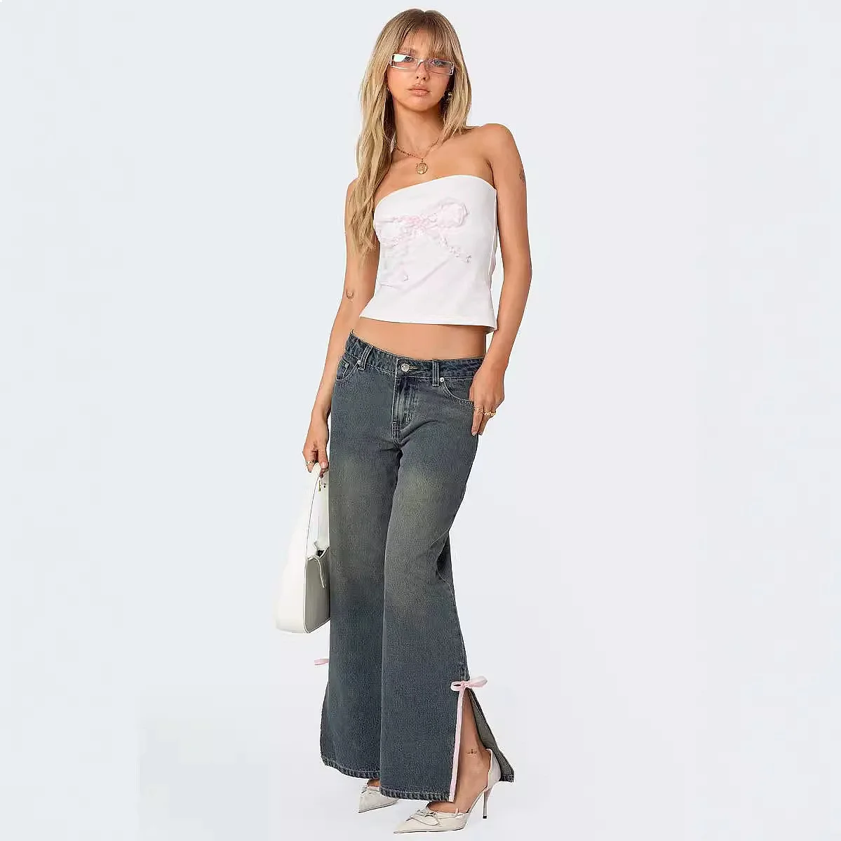 Flare Jean for Women Mid Rise Slim Fit Bow Side Slit Jeans Spring Summer