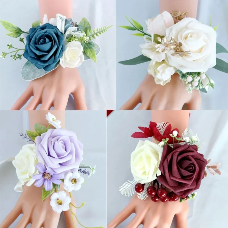 6Pcs Bright Wristlet Wedding Flower Decors Beautiful Wrist Flower Wedding Flowers for Bride and Grooms' Wrist