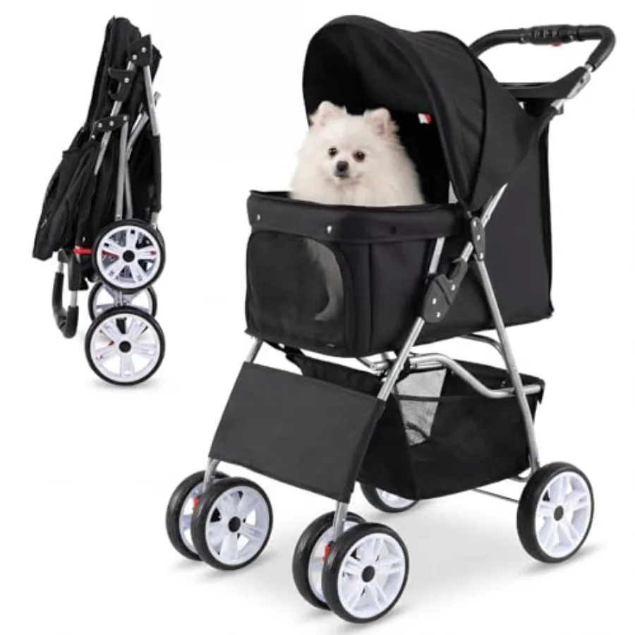 

PETSITE 4 Wheels Pet Stroller for small dogs and cats up to 33 lbs, black polyester with breathable mesh and waterproof cover,