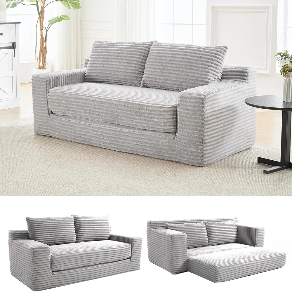 Assembly Corduroy Vacuum Compressed Sleeper Sofa Convertible Extendable 2-Seater for Living Room Comfortable Cushions