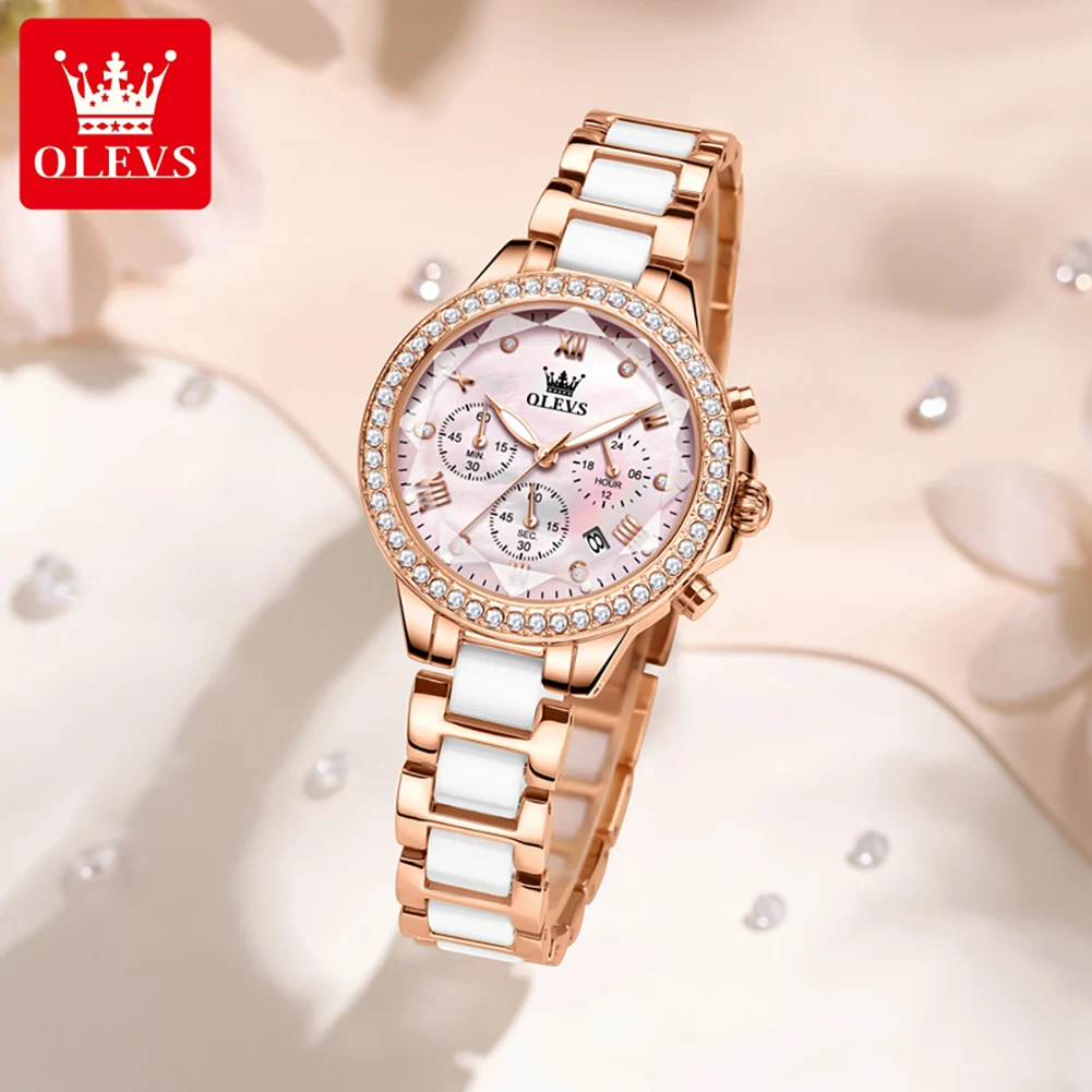 OLEVS 9999 Watch For Women Luxury Rhombus Mirror Quartz Woman Watch Ceramic Steel Strap Chronograph Date Waterproof Wristwatches