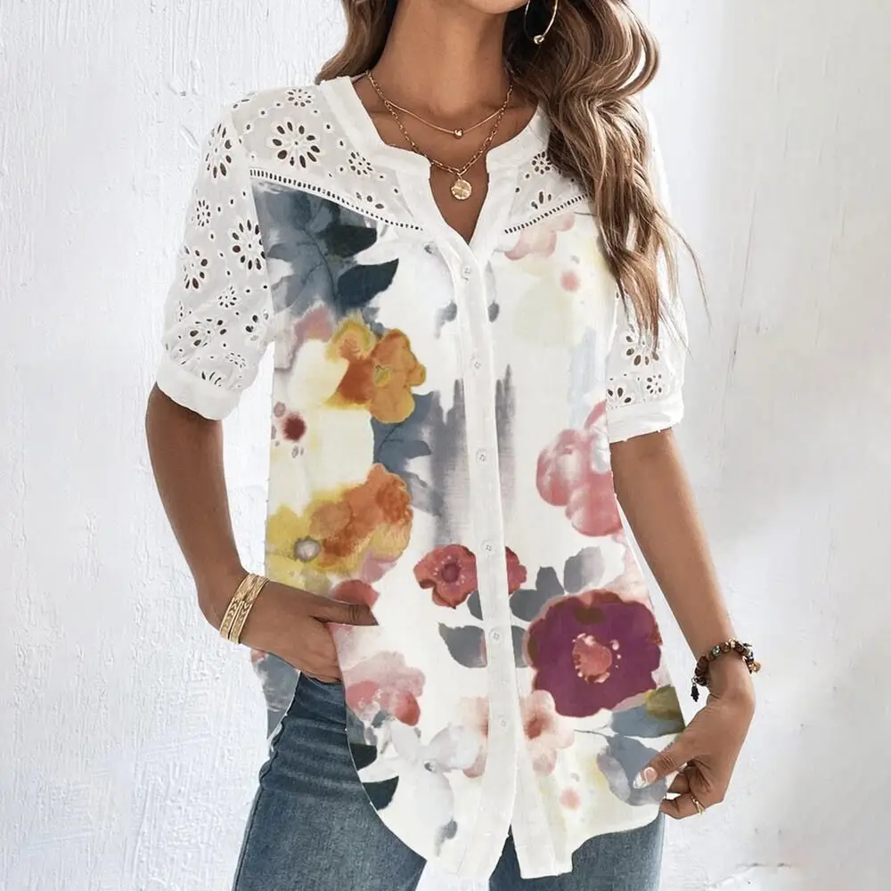 Summer Temperament Lace Loose Woman Shirt Elegant Casual  Shirt Woman Short Sleeve Blouse Weekend Top