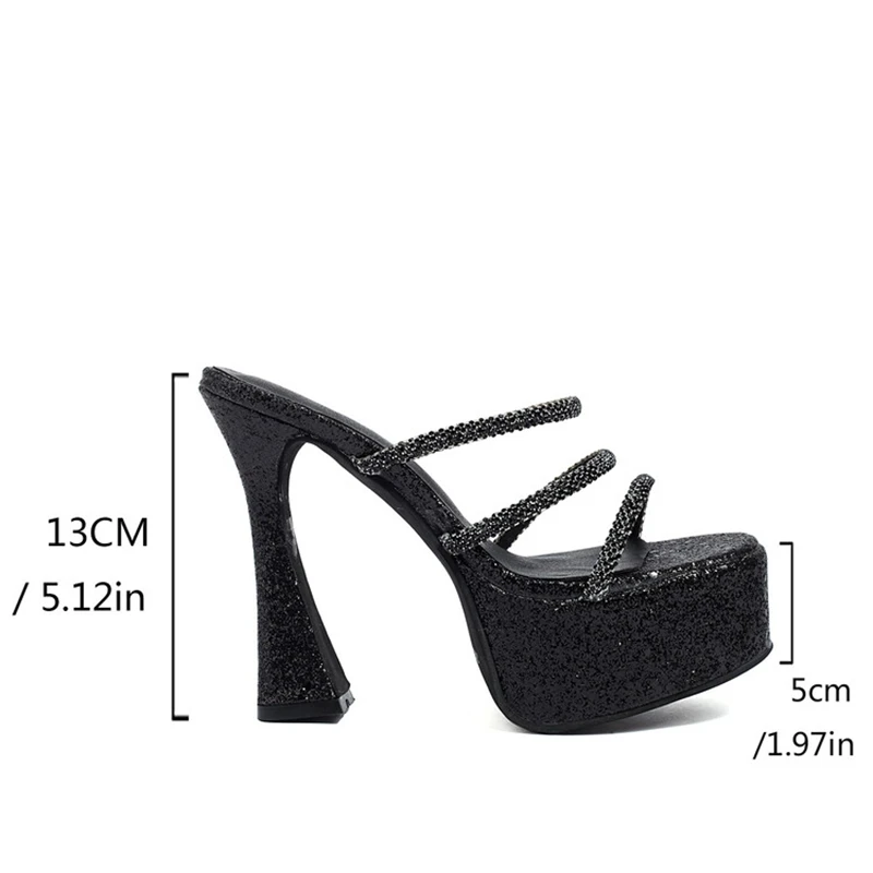 REAVE CAT Women Elegant Crystal Sandals Open Toe 13cm Stiletto Heels Cross Slip On Plus Size 40 41 43 Black Party