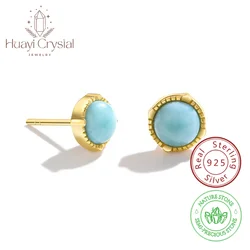 Fashion New S925 sterling silver disc nature Larimar stud earrings 8mm fashionable versatile for women fine jewelry