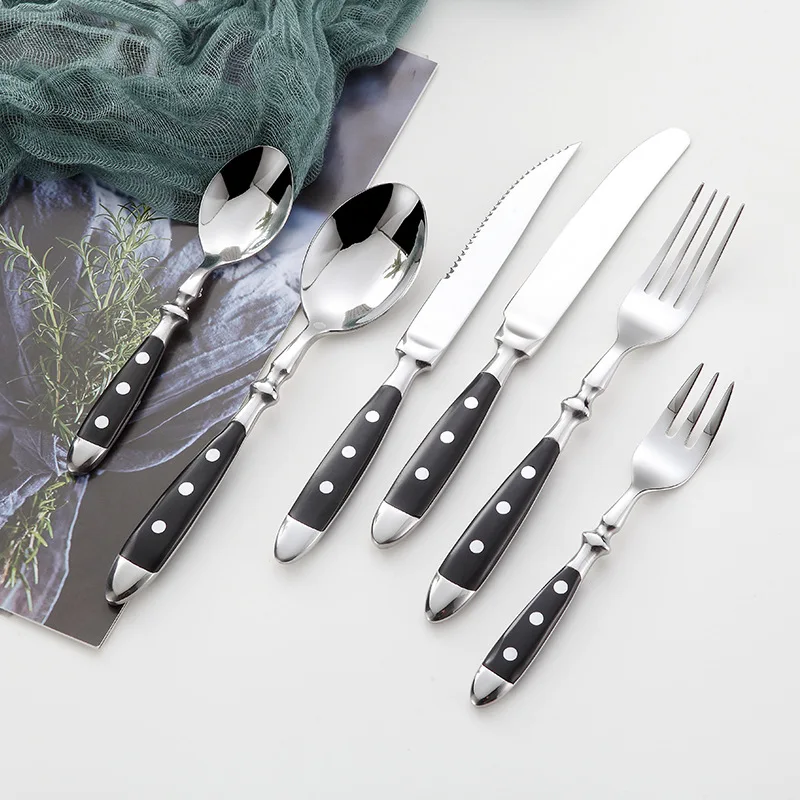 

Hotel Stainless Steel Table Knife Fork Spoon Sets Teaspoon Teafork Steak Knife Cutlery Restaurant Serviing Set Black Wood Handle