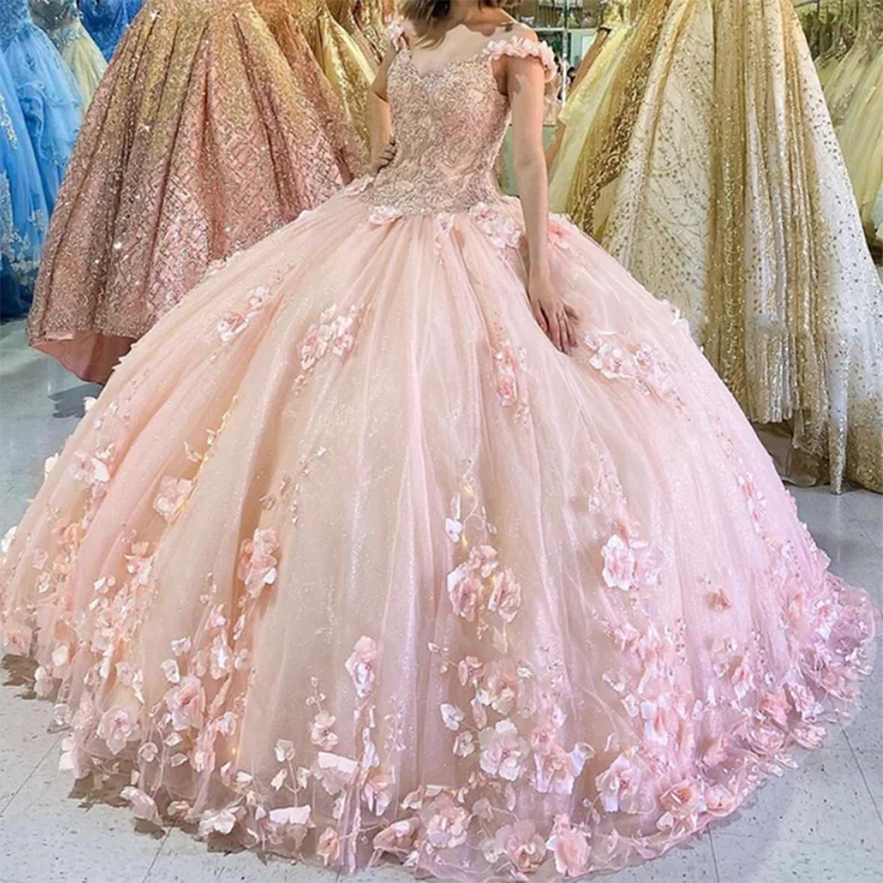 Sweet Quinceanera Princess Dress 3D Flowers Special Occasion Adult Dress Elegant Tulle Beaded Prom Dress Robe Party