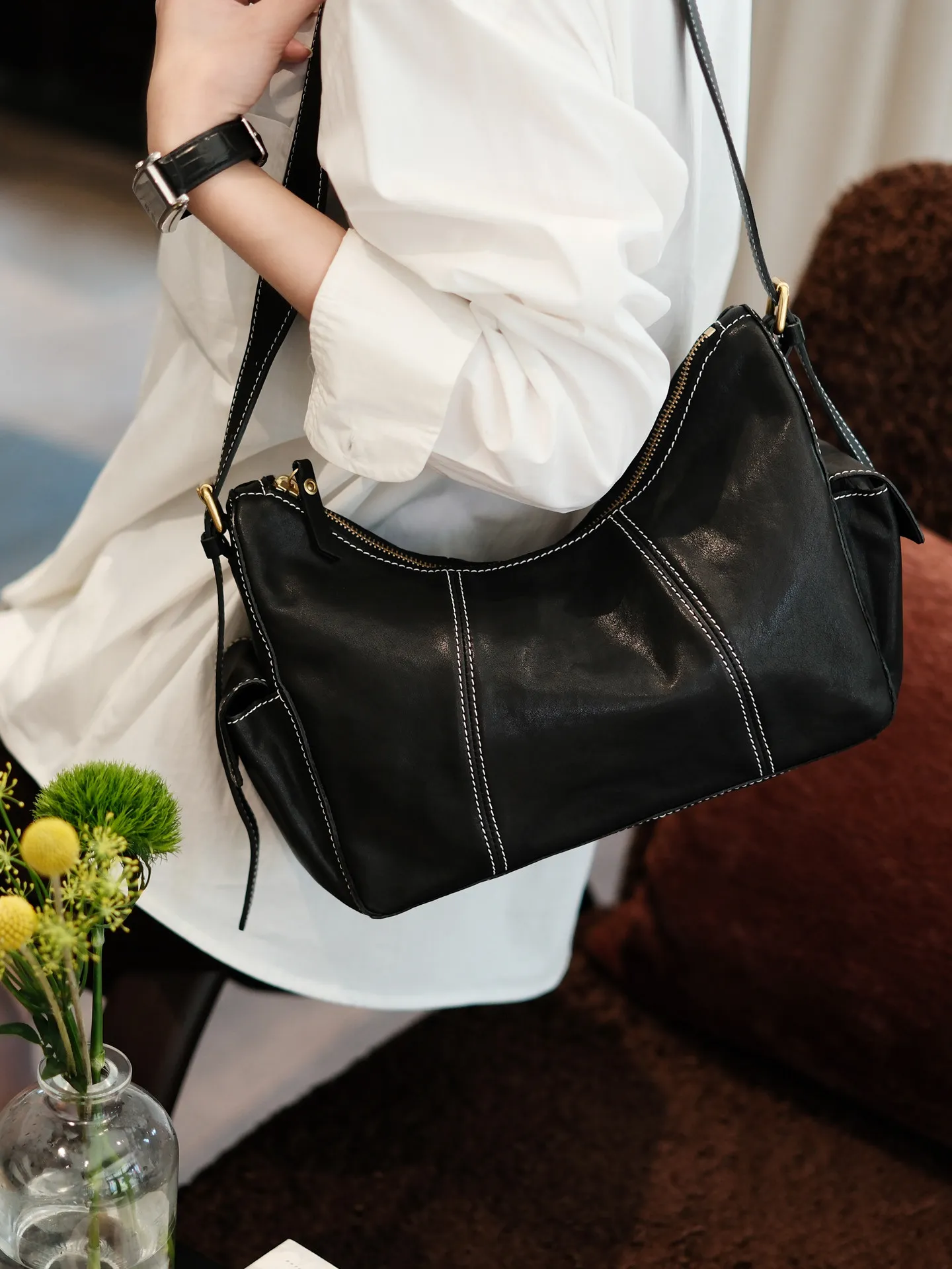 weekend shopping luxury handmade first layer cowhide women's shoulder bag fashion designer genuine leather female underarm bag