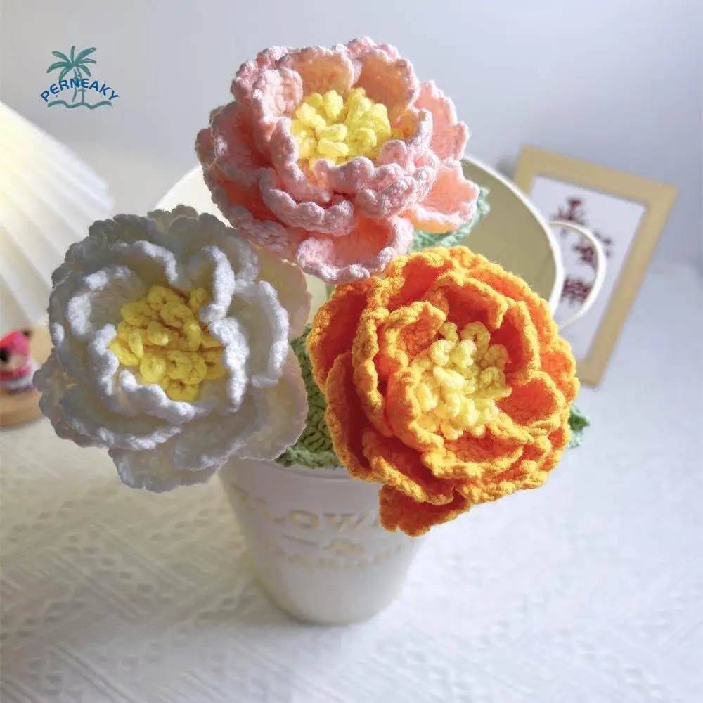 Handmade Crochet Peony Bouquet Wool Simulation Flower Hand-woven Peony Gradient Color Woven Flowere Artificial Flower