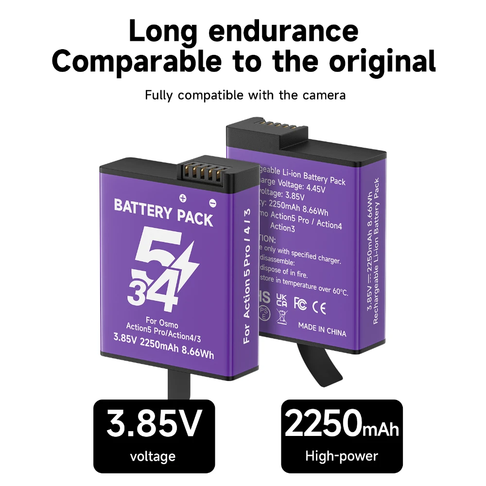 2250mAh For DJI OSMO Action 5 Battery Fast Charge Action 3 Camera Battery with Type-C USB LCD Dual Slot Battery Storage Box