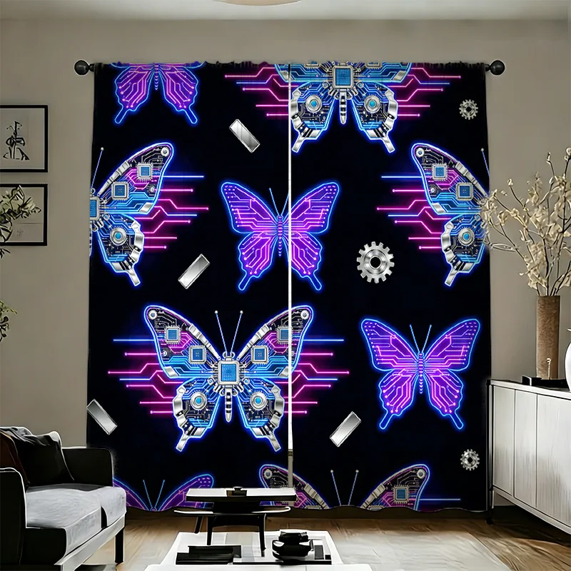 2pcs Cyberpunk Butterfly Curtains Neon Circuit Board Print Drape Tech Room Gamer Window Treatment Futuristic Home Decor Panels