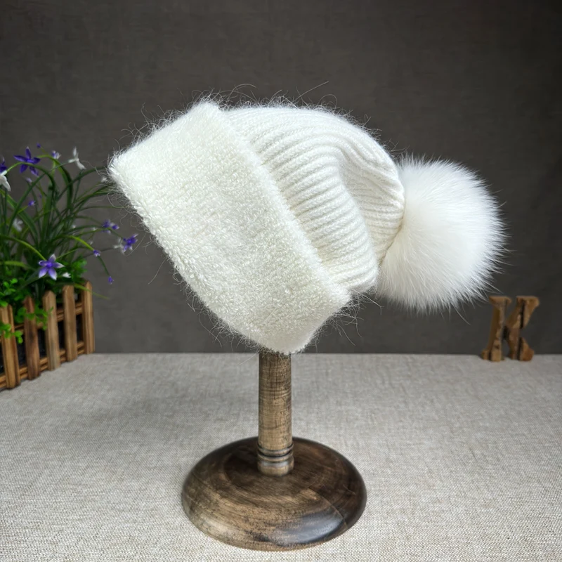 2024 Korean version fox fur ball knitted hat versatile ear protection thickened Angora rabbit fur wool hat fashionable