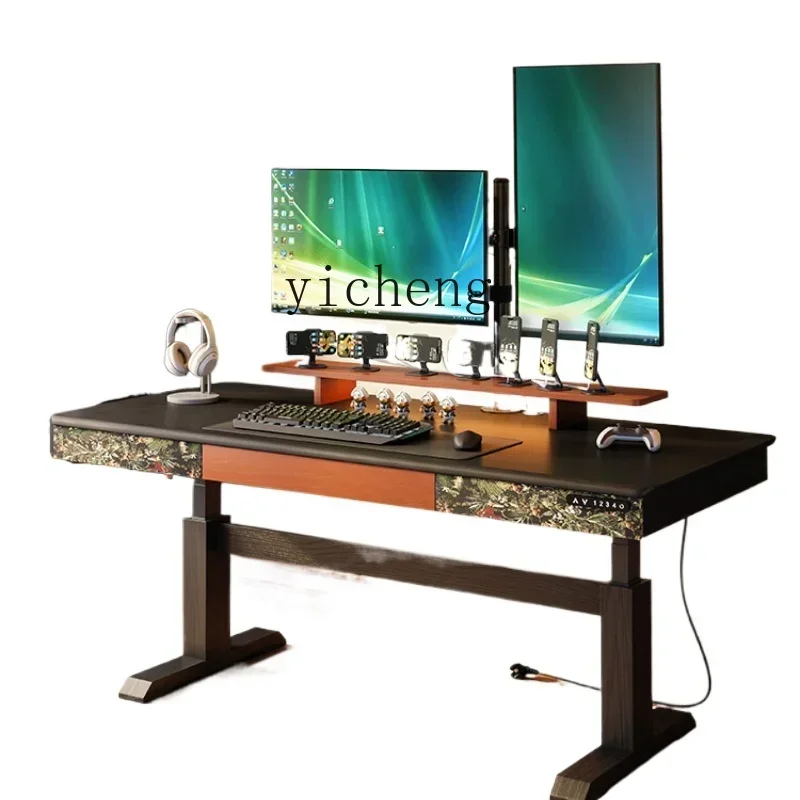 TQH6.14 electric lifting table ash wood live streaming host workbench French solid wood computer desk