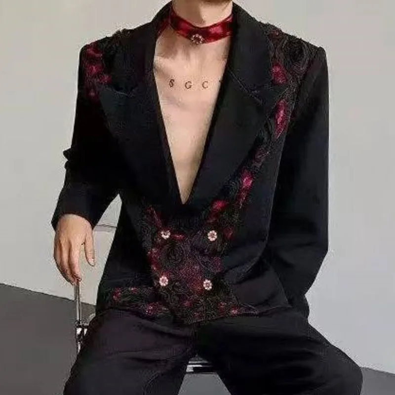 WVGA Spring Autumn New Men Tide Punk Style Three-Dimensional Rose Trendy Design Blazer Niche Chic Casual High-End Jackets W18399