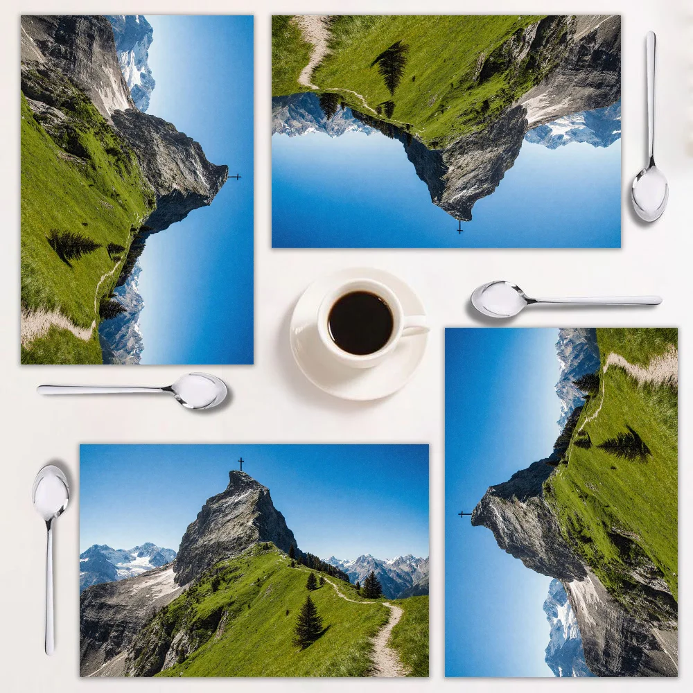 

4-Piece Placemats Set, Scenic Mountain View, Rectangular, Easy to Clean, Perfect for Home Decor & Festivals.