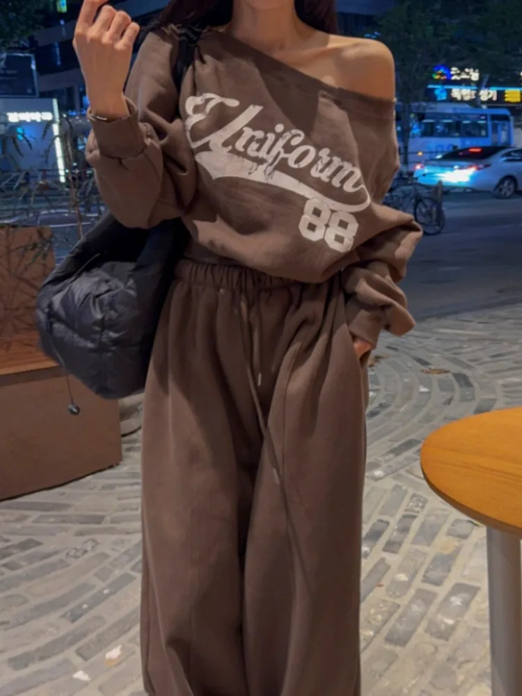 

Корейский свободный крой Fce на подкладке, повседневный свитшот и брюки с завязками, комплект из двух предметов, женская модная уличная одежда