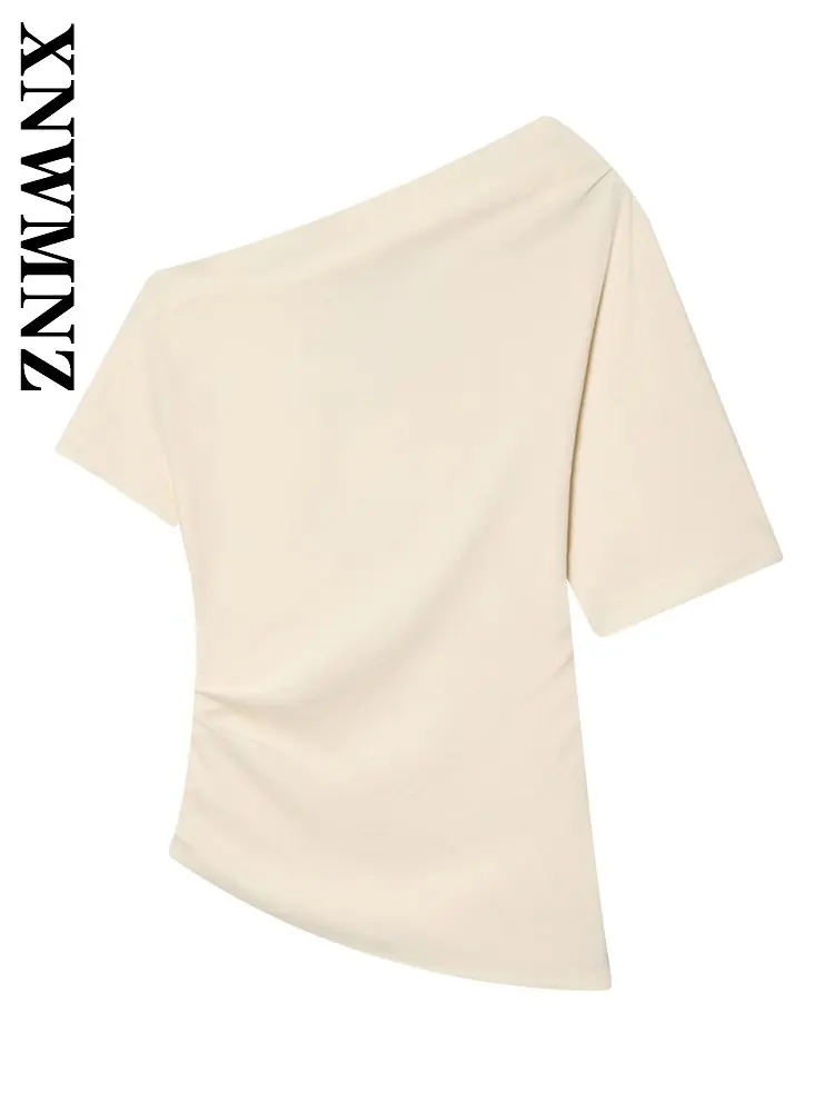 

XNWMNZ 2025 Summer New Lady Commuting Fashion Single Sleeve Skew Collar Shirring Chiffon Blouse Party Casual Woman's Beige club