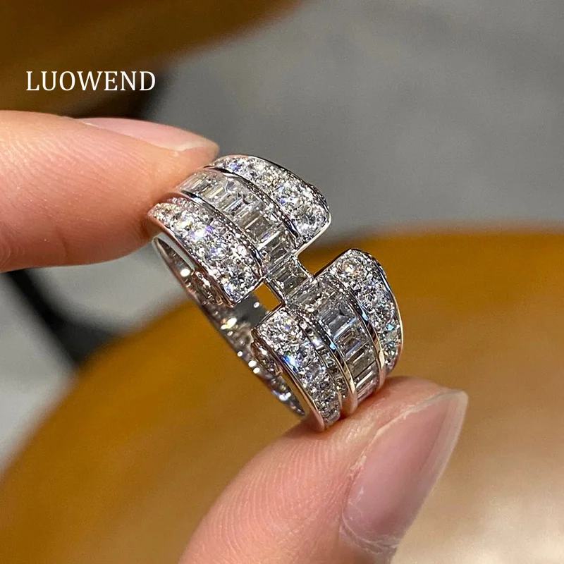 LUOWEND 100% 18K White Gold Rings Fashion Ethnic Style Luxury Real Natural Diamond Engagement Ring for Women High Party Jewelry