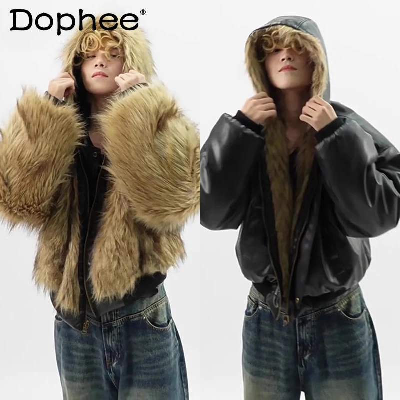 على الوجهين ارتداء تقليد فرو المنك معاطف الرجال 2025 شتاء جديد شيك صديقة للبيئة الفراء موضة مقنعين فو سترات من الجلد سترات