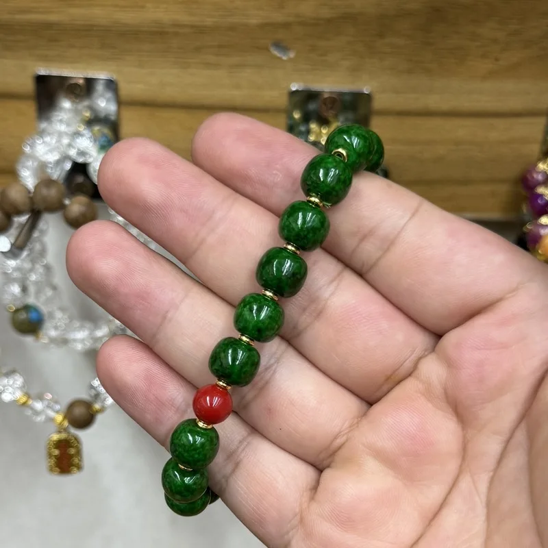 Tibetan-style green dragon horn single-loop bracelet, Buddhist prayer beads, decorative accessory for men and women, versatile,