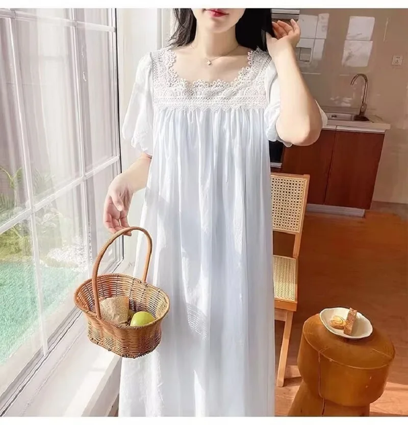 

Womens Cotton Nightgowns Short Sleeved Lace Home Dress