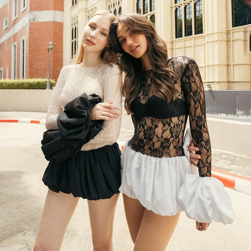 

Новинка 2025, осенняя женская одежда, стильное трансграничное модное темпераментное тонкое кружевное пышное платье с длинными рукавами