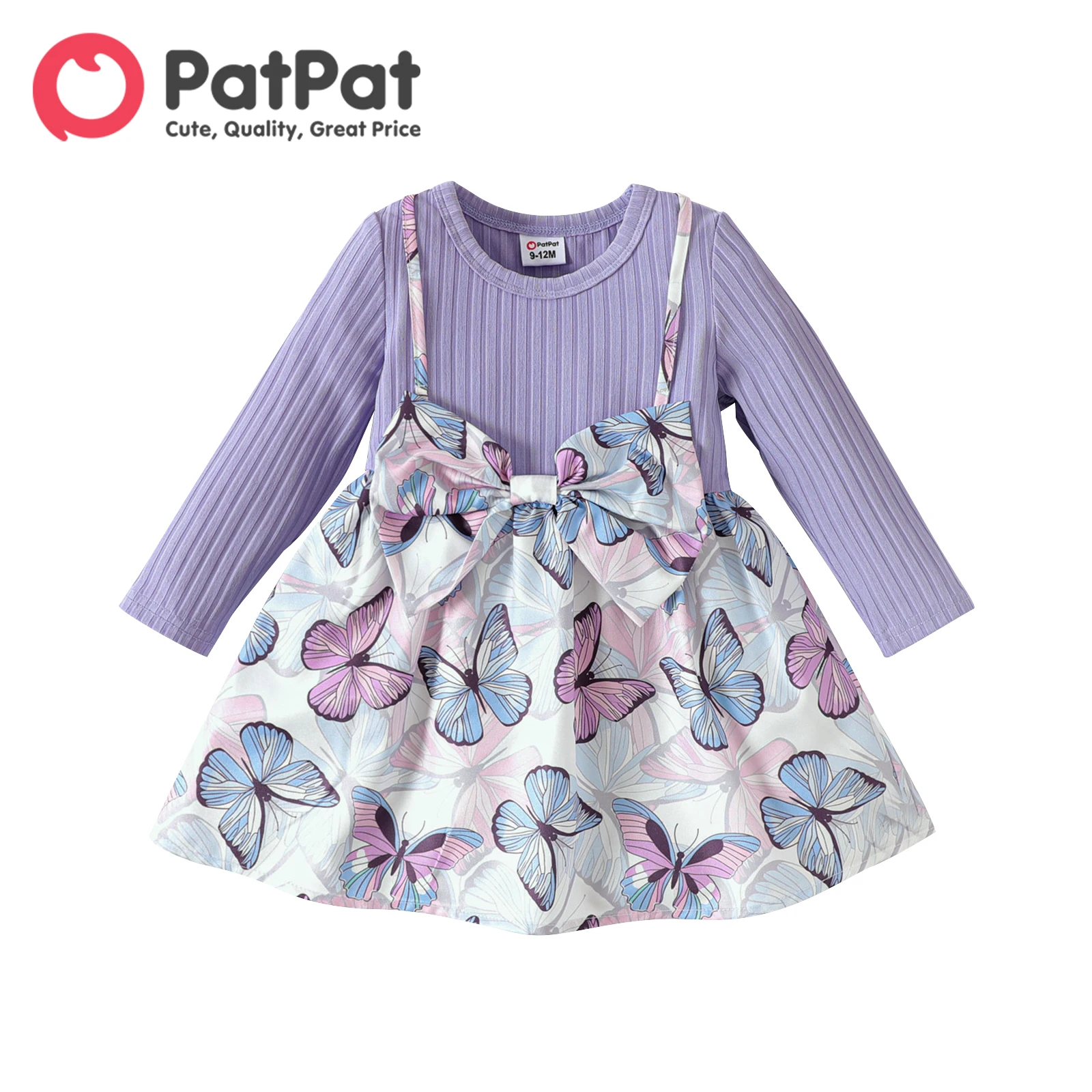 

PatPat Party Dress New Born Baby Girl Clothes Newborn Solid Rib Knit Spliced Allover Butterfly Print Bow Front Long-sleeve Dress